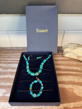 Stauer Turquoise Beaded Necklace Bracelet Earrings Set With Gold Accents